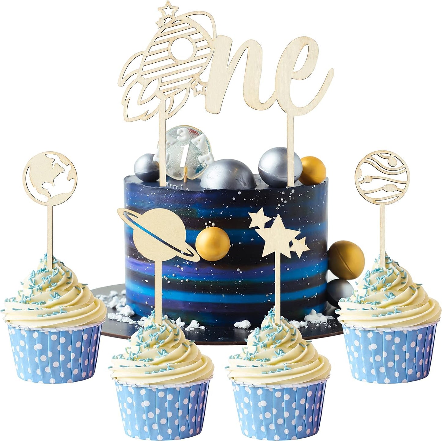 Haooryx 5pcs Outer Space Wood ONE Cake Toppers - Rocket 1st Birthday Cake Topper, Wood Star Planet Cupcake Decor, Outer Space DIY Cake Toppers Decor