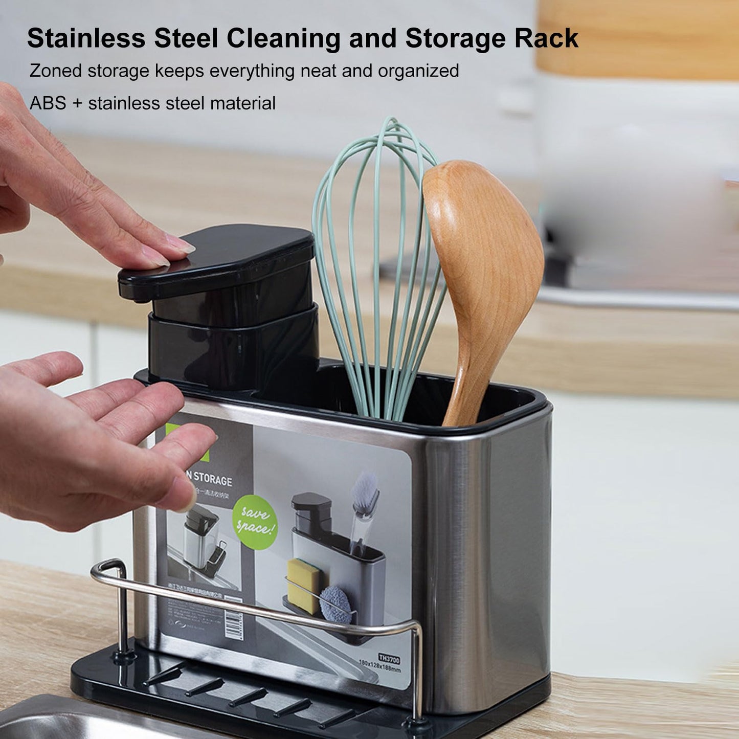 Irishom 3-in-1 Kitchen Soap Dispenser with Stainless Steel Sink Caddy, Dishwashing Liquid Dispenser and Sponge & Brush Holder Organizer with Drain