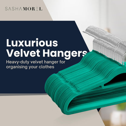 Sasha Morel 50 Pack Velvet Coat Hangers – Non Slip Velvet Hangers for Clothes, Space Saving Adult Hangers with Tie Organizer & Swivel Hooks