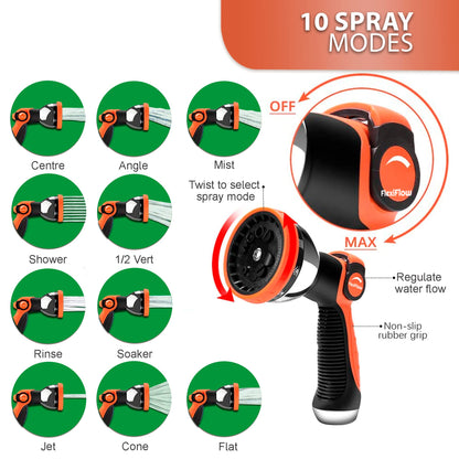 Flexiflow Expandable Garden Hose with 10 Function Spray Gun | Expandable Hose - 15m / 50 feet