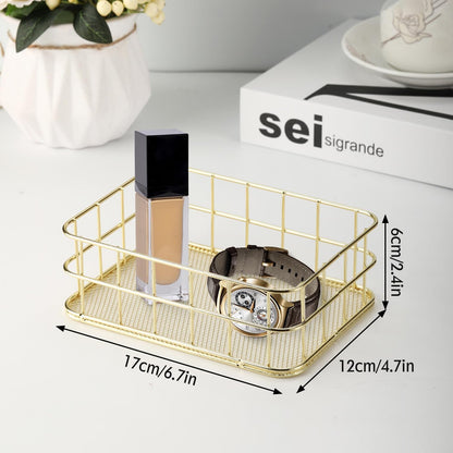 Hapivida 2 Pcs Wire Storage Basket, 17x12x6cm Golden Desktop Metal Storage Basket Iron Grid Storage Tray Net Organizer Bins for Kitchen, Pantry