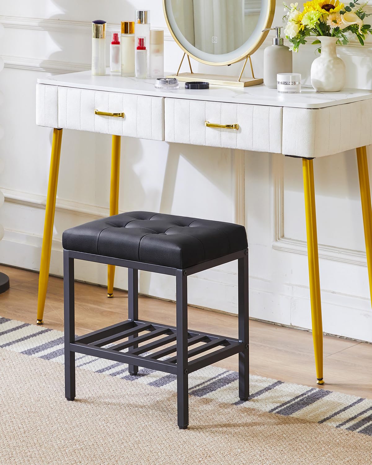 IBUYKE Rectangular Makeup Stool, PU Seat Vanity Chair, Black WBD017B