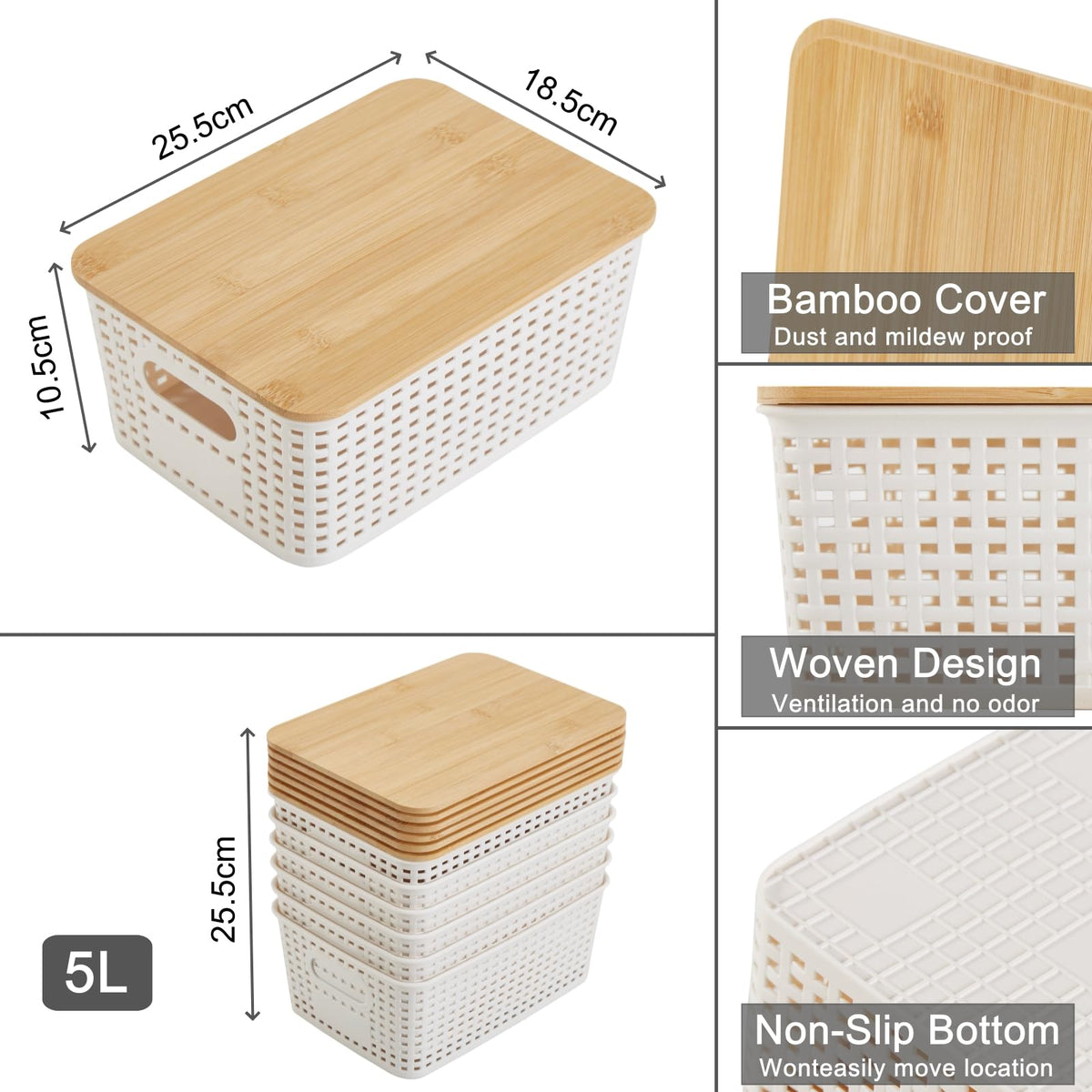 Sagittar Set of 6 Storage Boxes with Bamboo Lid, Imitation Rattan Plastic Storage Basket, Stackable Storage Bins, Ideal for Kitchen, Bathroom, Office