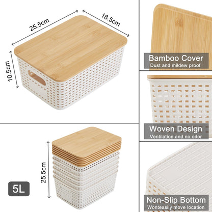 Sagittar Set of 6 Storage Boxes with Bamboo Lid, Imitation Rattan Plastic Storage Basket, Stackable Storage Bins, Ideal for Kitchen, Bathroom, Office