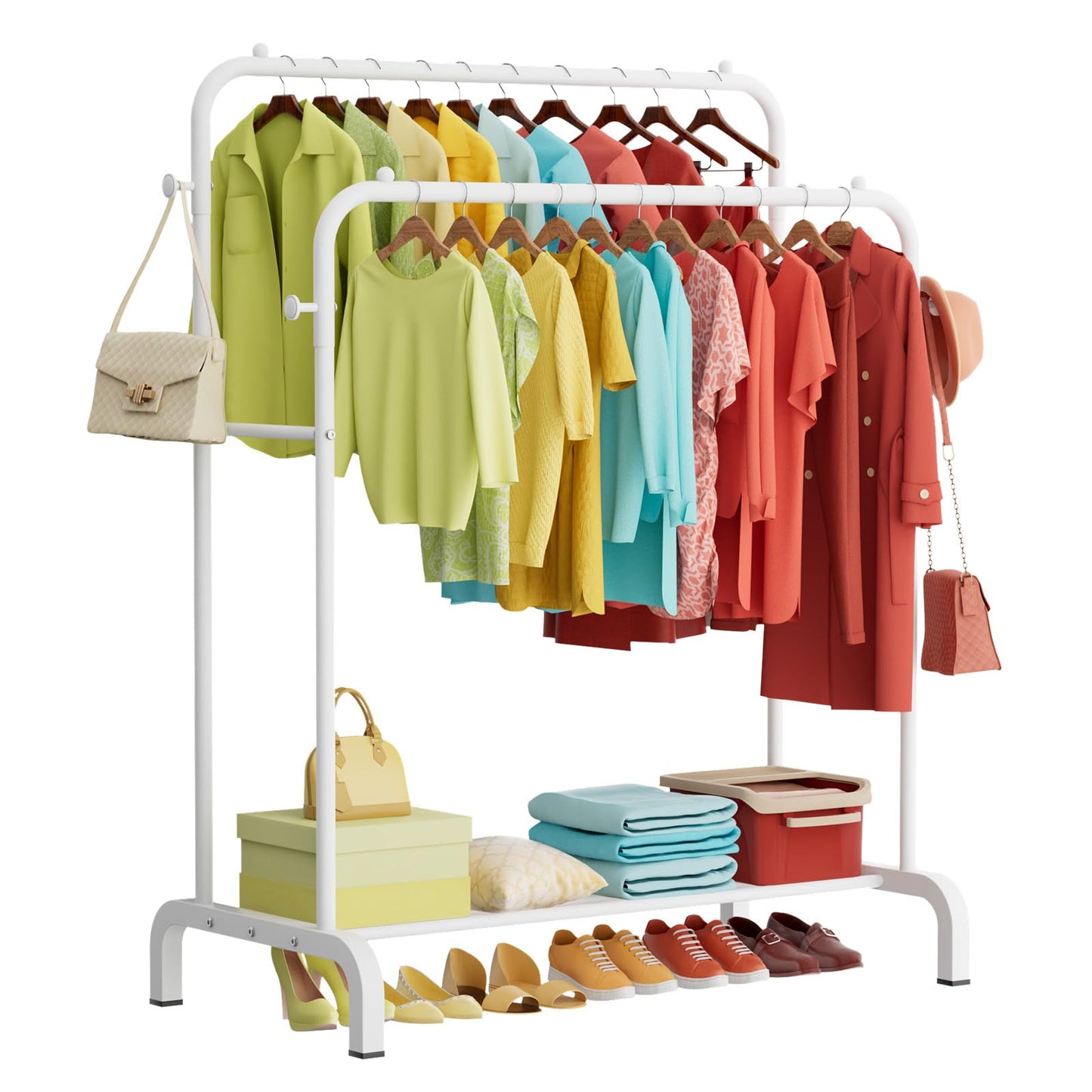 Clothes Rail With Shelves, Double Rods Clothing Rail for Bedroom, White