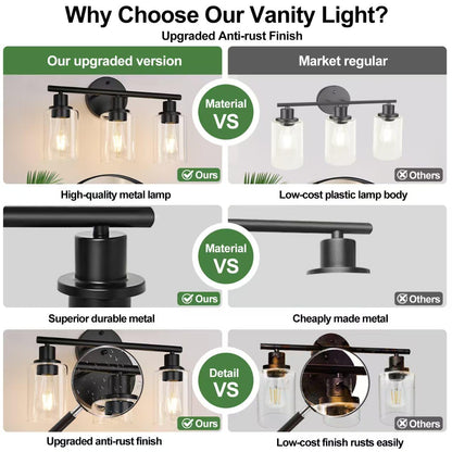 ZASTION 3-Light Bathroom Light Fixtures, Black Bathroom Wall Lights, Modern Bathroom Vanity Light with Clear Glass Shade, Bathroom Wall Lamp for