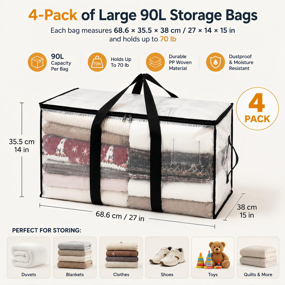 4 Pack Large Moving Boxes Storage Bags,90L Clear Storage Bags with Zips and Lids,Transparent Clothes Storage Boxes,Large Moving Bags for College Dorm