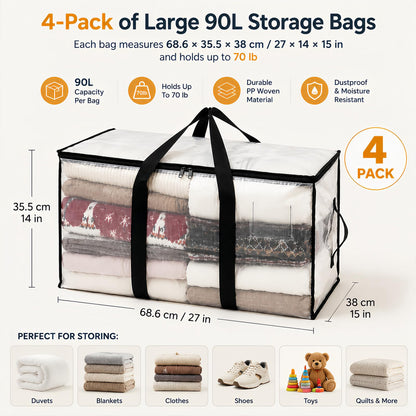 4 Pack Large Moving Boxes Storage Bags,90L Clear Storage Bags with Zips and Lids,Transparent Clothes Storage Boxes,Large Moving Bags for College Dorm
