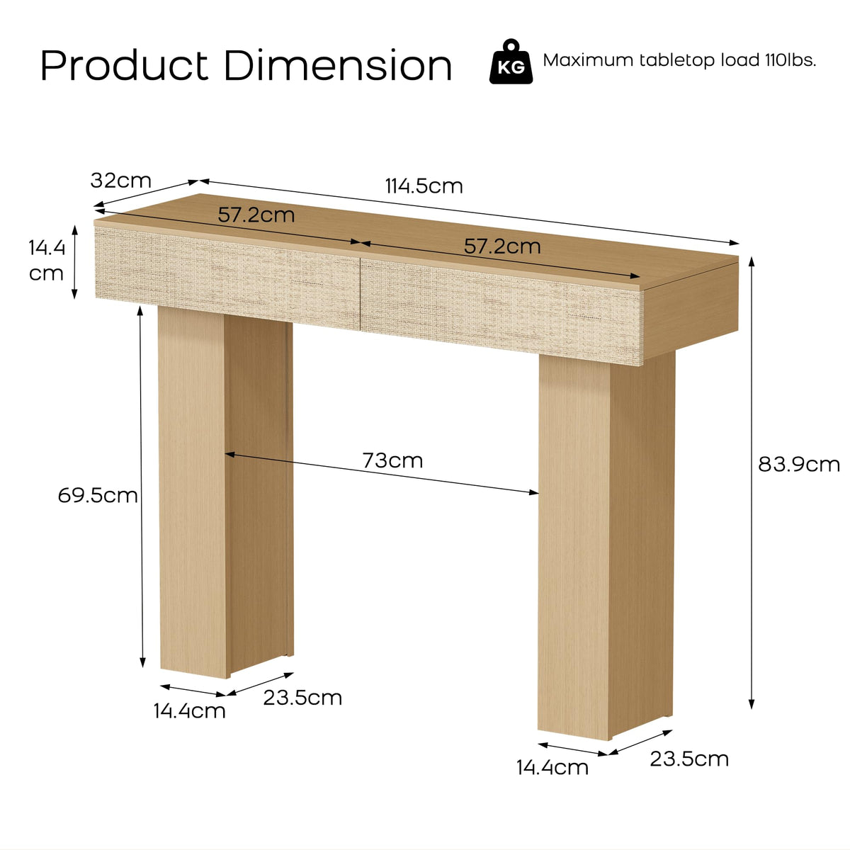 DAWNYIELD Console Table with 2 Rattan Drawers, Wooden Sofa Table