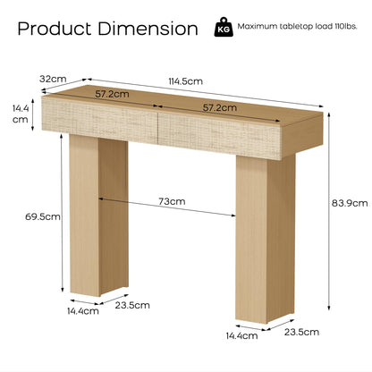 DAWNYIELD Console Table with 2 Rattan Drawers, Wooden Sofa Table