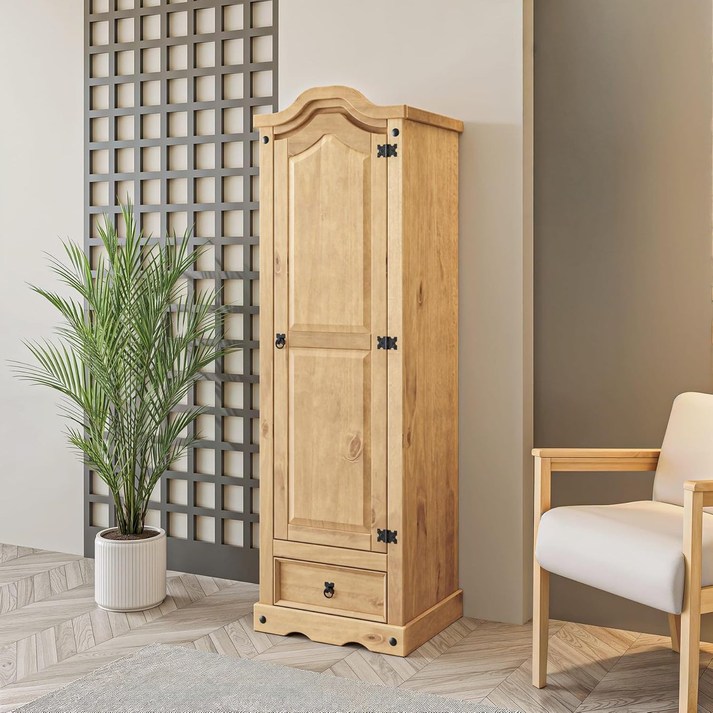 Corona Wardrobe 1 Door 1 Drawer Arch Top Solid Mexican Pine Wood Bedroom Storage 176cm x 55cm x 45cm