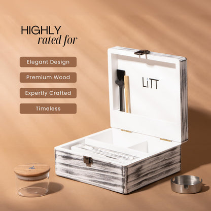 LITT Small Stash Box – Premium Wooden Storage Organiser with Lock, Airtight Smell-Proof Container, Resealable Mylar Bags, Rolling Tray & More