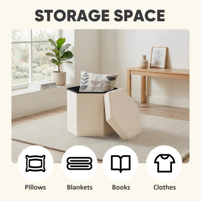 PINPLUS Hexagonal Storage Ottoman, Velvet Foldable Footstool, Cream White