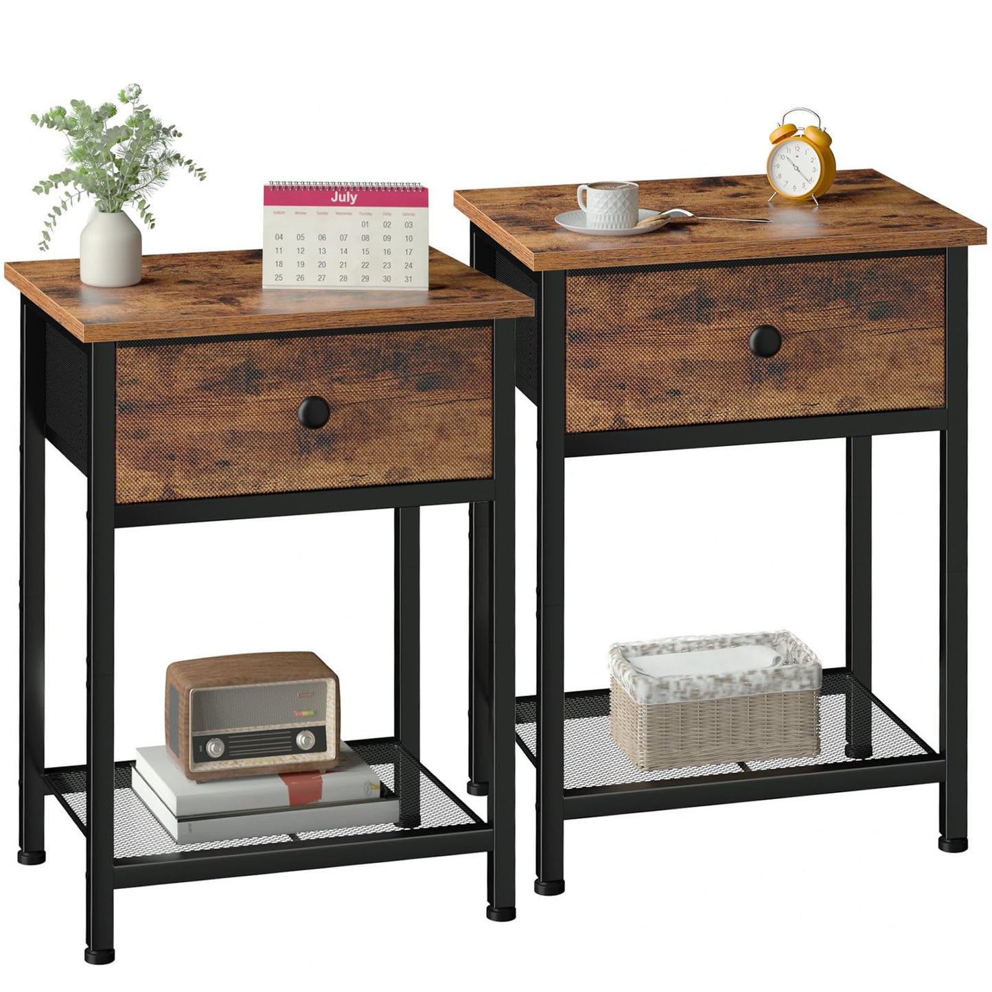 AMHANCIBLE Bedside Tables Set of 2, Side Tables with Fabric Drawers