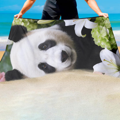 Violetpos Panda in Peonies & Lilies Beach Towel, Extra Large 180x90 cm 250GSM Microfibre, Sand Free Quick Dry
