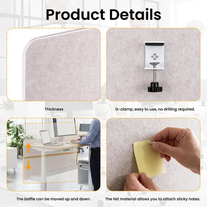 Felt Desk Divider, Clamp-On Privacy Panel, 60 x 120 cm, Oatmeal