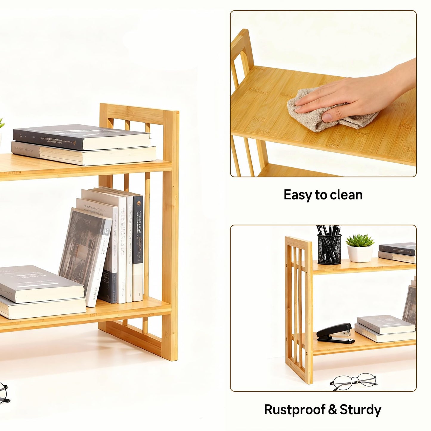 EIUTQRU Desktop Shelf Organizer, 2 Tier Bamboo Desk Bookshelf, Desk Top Storage Rack for Office, Dorm, or Bedroom Decor
