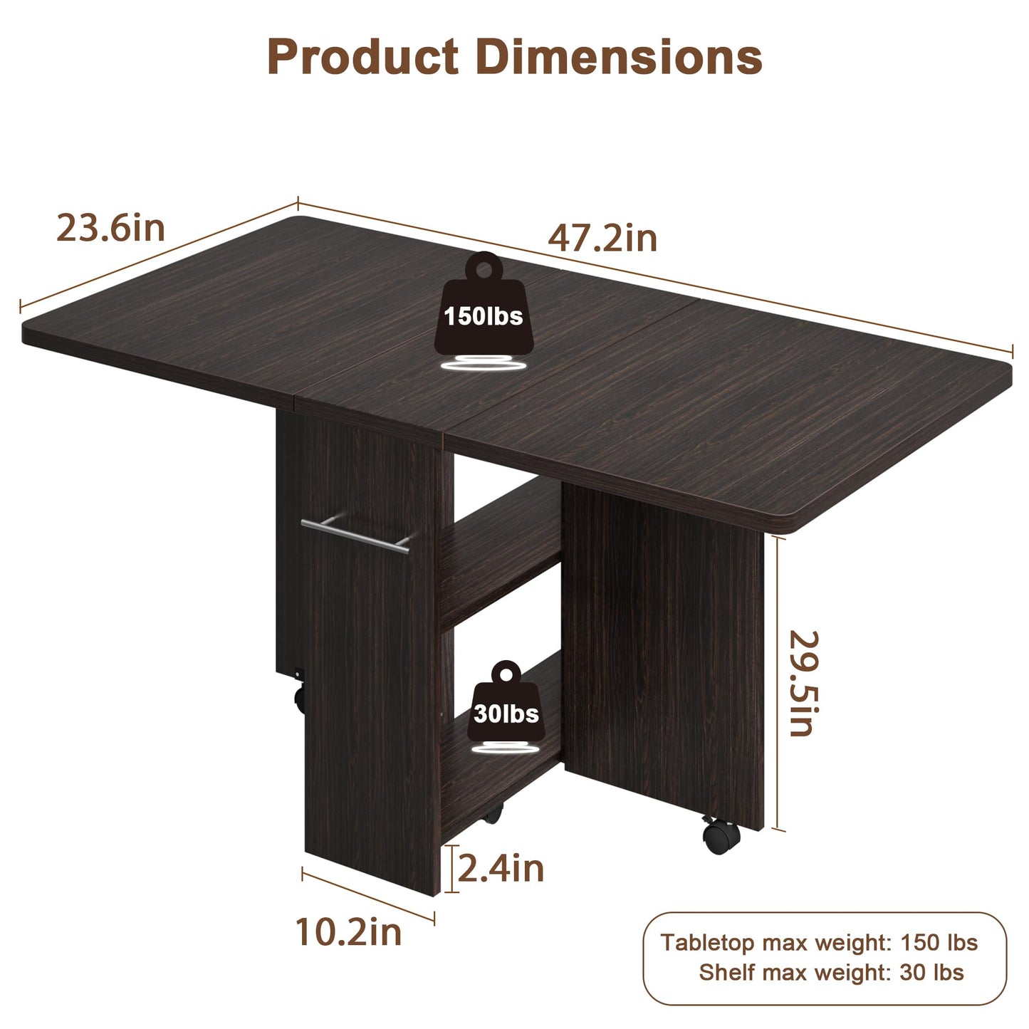 Folding Dining Table with 2 Tier Storage & 6 Wheels, Extendable Drop Leaf, Wood Kitchen Dining Room Tables Set for 4
