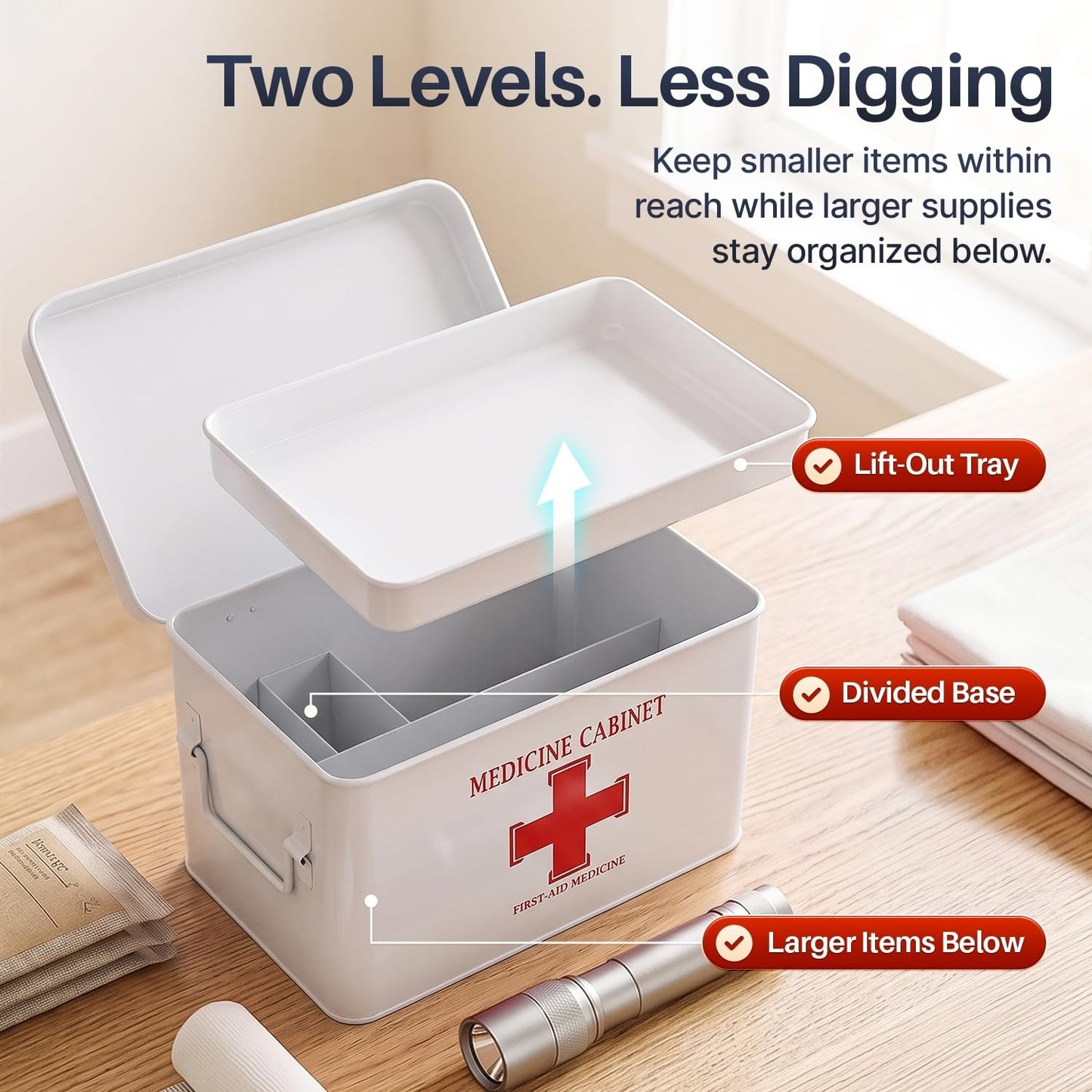 Flexzion First Aid Box Organizer - 13" White Vintage Metal Medical Kit Tin With Dividers, Removable Tray and Red Cross Logo - Empty Storage Container