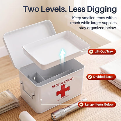 Flexzion First Aid Box Organizer - 13" White Vintage Metal Medical Kit Tin With Dividers, Removable Tray and Red Cross Logo - Empty Storage Container