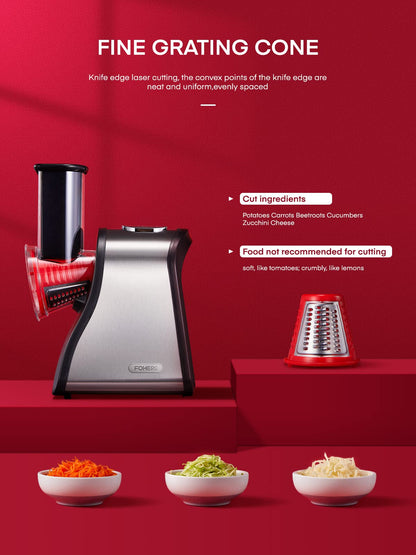 FOHERE 4 in 1 Electric Vegetable Grater 150W Electric Grater for Fruit and Vegetables, Multi Salad Maker with 4 Interchangeable Cones Ideal for