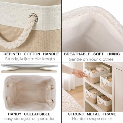 Mangata Storage Boxes, Small Fabric Storage Baskets with Rope Handles for Cupboards, Shelves, Wardrobe, Toys, Clothes (Foldable, Light Khaki White)