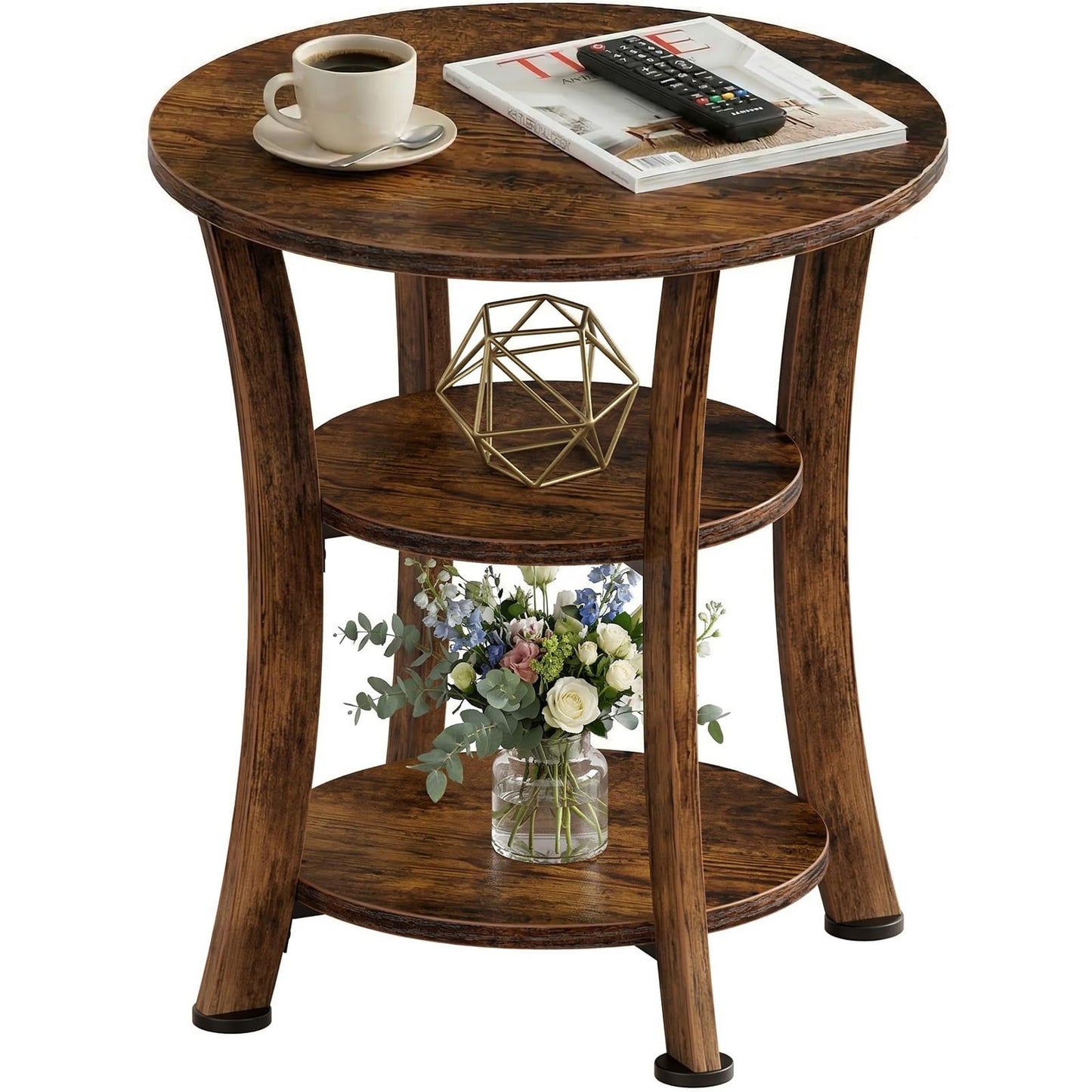 Yuede Round End Table, 3 Tier Side Table with Storage, Farmhouse Wood Side Table, Vintage Sofa Bedside Table Coffee Table for Bedroom Living Room