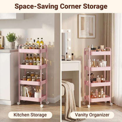 CHUNGG Bathroom Storage 4 Tier Beauty Trolley on Wheels, Mobile Kitchen Trolley with Hooks & Handle, Metal Rolling Utility Cart for Home