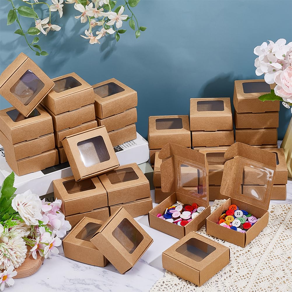 BENECREAT 60 Pack Square Clear Window Box, Brown Kraft Paper Container Party Favor Packaging Boxes