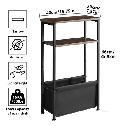 Aibiju Narrow Side Table, 3-Tier Slim End Table with Storage Fabric Basket,40x20x66cm Thin Nightstand Bedside Table for Living Room Bedroom Office