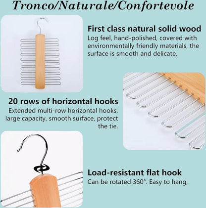 BOBOZHONG Wooden Tie Hanger for Wardrobe – 20 Non-Slip Chrome Bars Tie Organiser & Belt Rack with 360° Swivel Hook, Space-Saving Storage for Ties