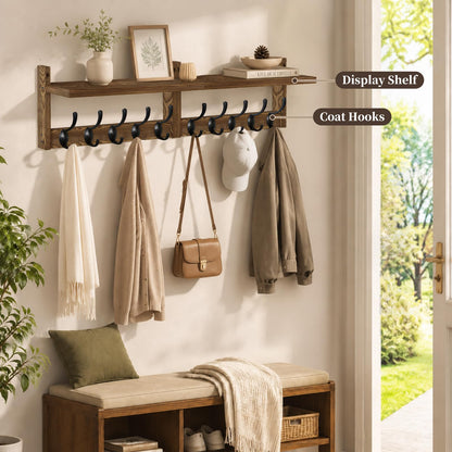 Coat Rack Wall Mounted, 87cm Wooden Extra-Long Wall Hook Rack with Shelf, Set of 2 Coat Hooks with 10 Hooks for Hanging Coats Hats Scarves