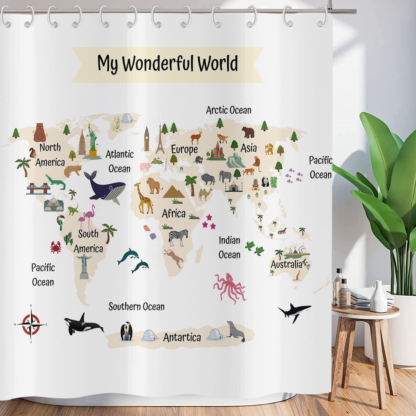 ASDCXZ Shower Curtain Funny 180x180 cm, World Map Cute Animals Funny White Washable Textile Bathroom Curtains Polyester Fabric Waterproof Shower