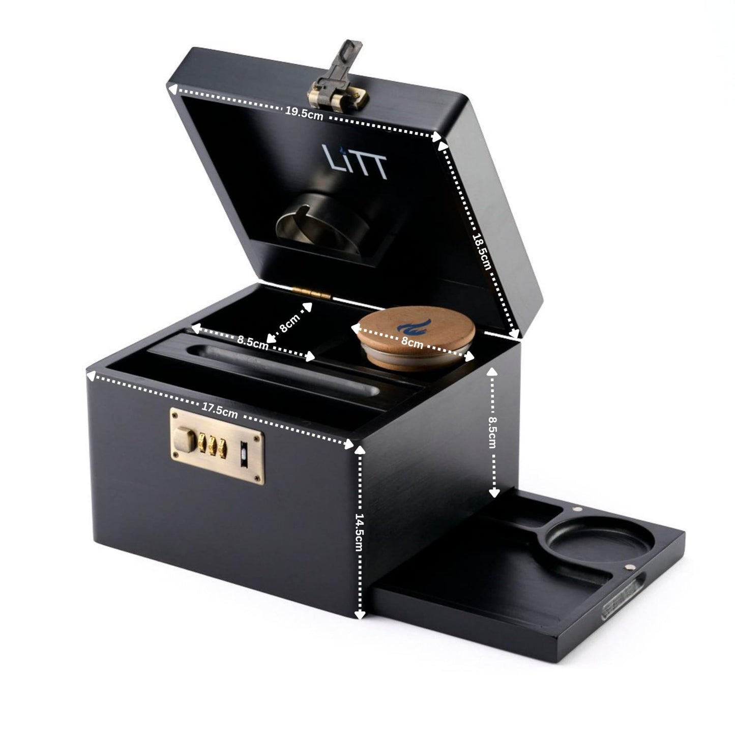LITT - Premium Wooden Combination Lock Storage Stash Box Set with Glass Jar, Hidden Tray, and Storage Box (Black)