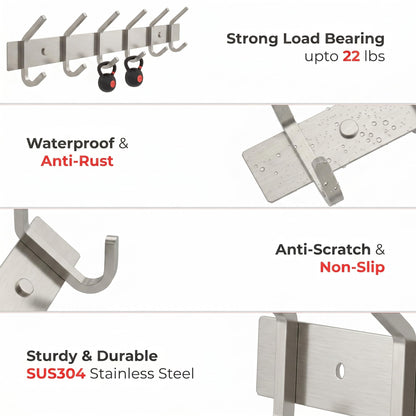 SAYONEYES Coat Rack Wall Mount with 6 Coat Hooks for Hanging - 17 Inch Heavy Duty SUS304 Stainless Steel Brushed Finish Waterproof