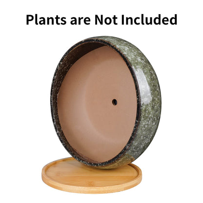 EPFamily 8 Inch Ceramic Bonsai Planter Pot, Glazed Shallow Succulent Planter with Drainage Hole and Bamboo Saucer for Indoor Plants, Green