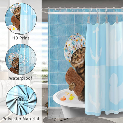 Hnmdmyi Funny Cat Shower Curtain 180x200, Bathing Animal Kitten Shower Curtains Cute Kids Children Blue Bathroom Curtains with Hooks Waterproof