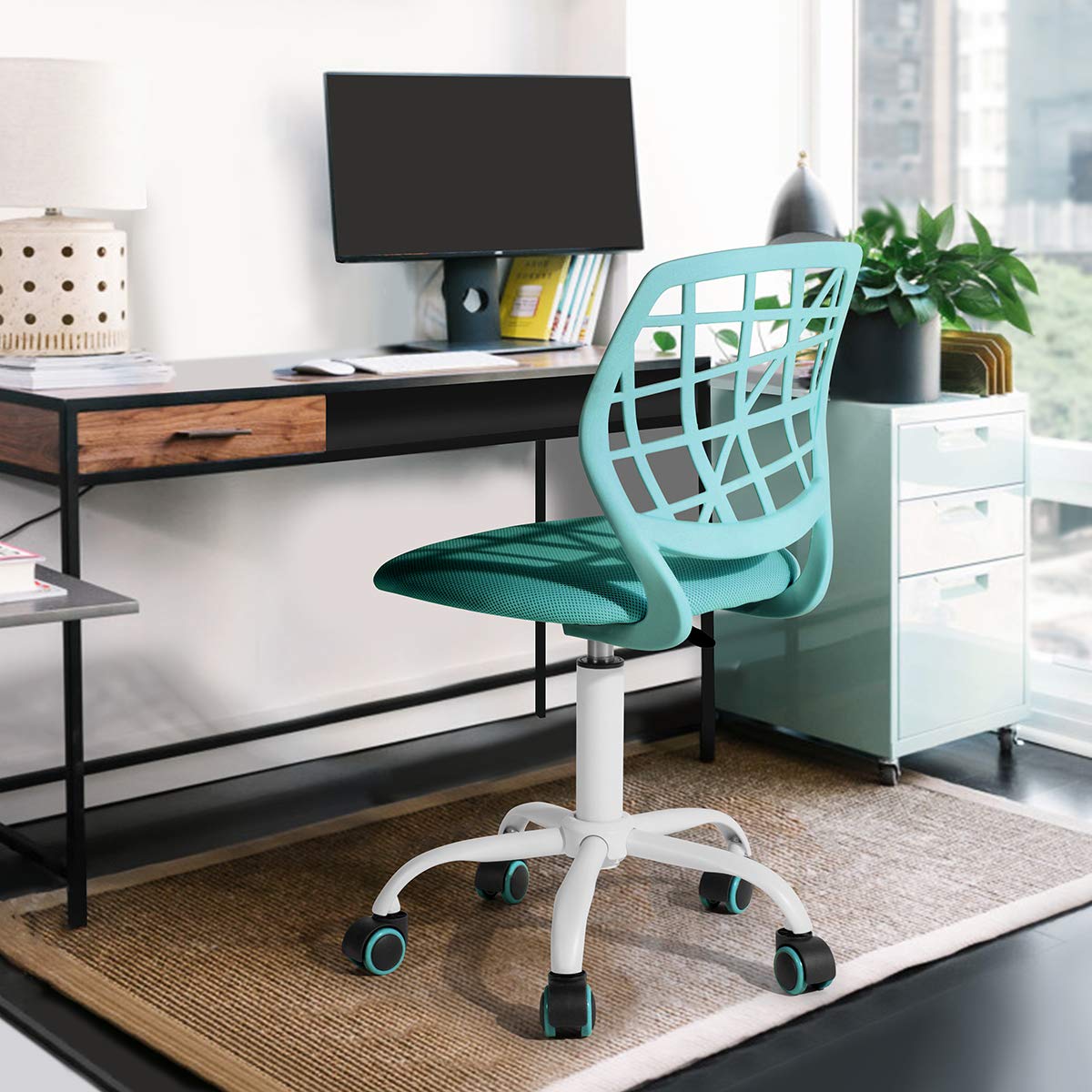 FurnitureR Office Chair Desk Chair Adjustable Height Swivel Fabric Seat Ergonomic Work Chair without Armrest, Turquoise