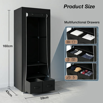 Single Canvas Wardrobe with 2 Drawers and Hanging Rail 160 x 59 x 43CM