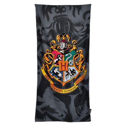 Elbenwald Harry Potter Beach Towel with Hogwarts Houses Coat of Arms Motif 90x180cm Gray