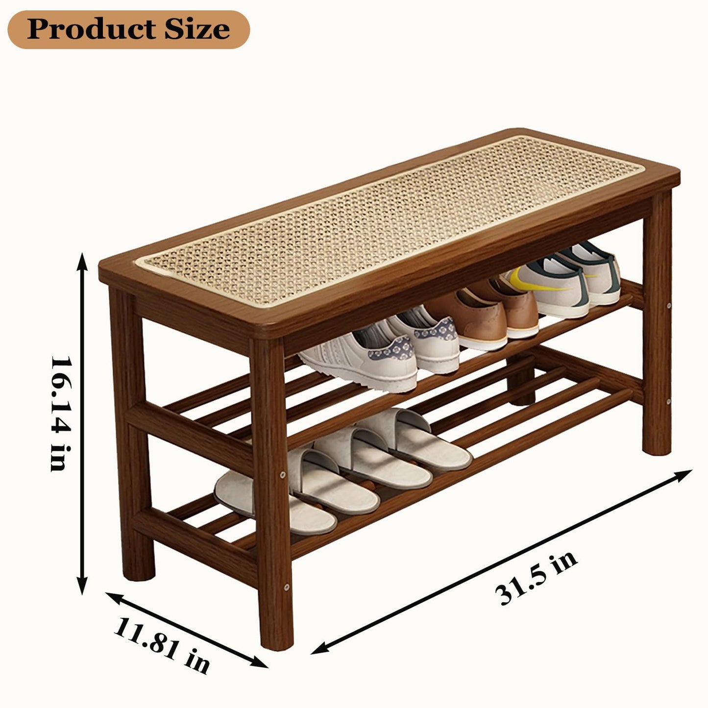SOBIBO Bamboo Shoe Rack Bench with Rattan Seat, 3-Tier Shoe Storage Bench, Entryway Bench for Hallway, Walnut-31.5 inches