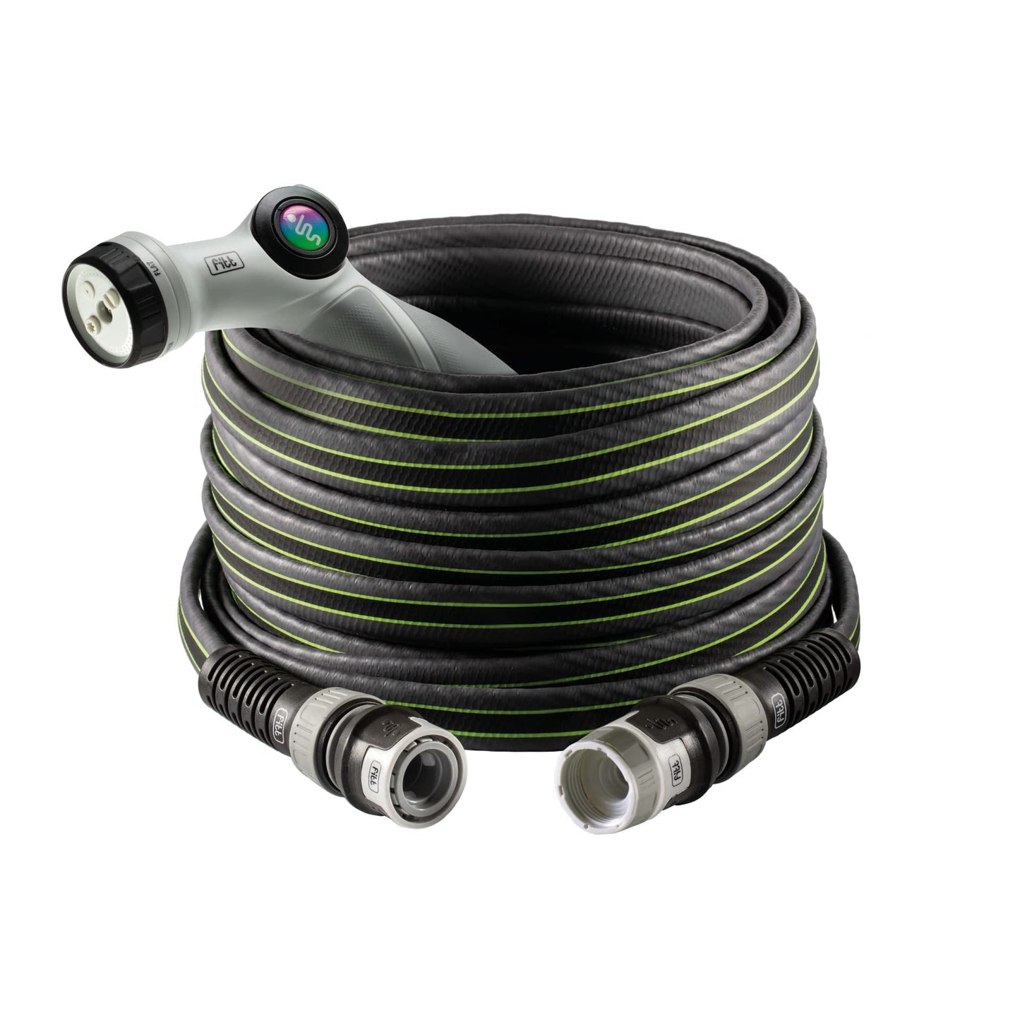 FITT Force 5/8" 25m, Garden Water Hose for Irrigation, Compact, Light and Resistant for Intensive use, with Multi-Jet Gun, Grey with Green Stripes