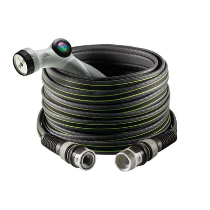 FITT Force 5/8" 30m, Garden Water Hose for Irrigation, Compact, Light and Resistant for Intensive use, with Multi-Jet Gun, Grey with Green Stripes