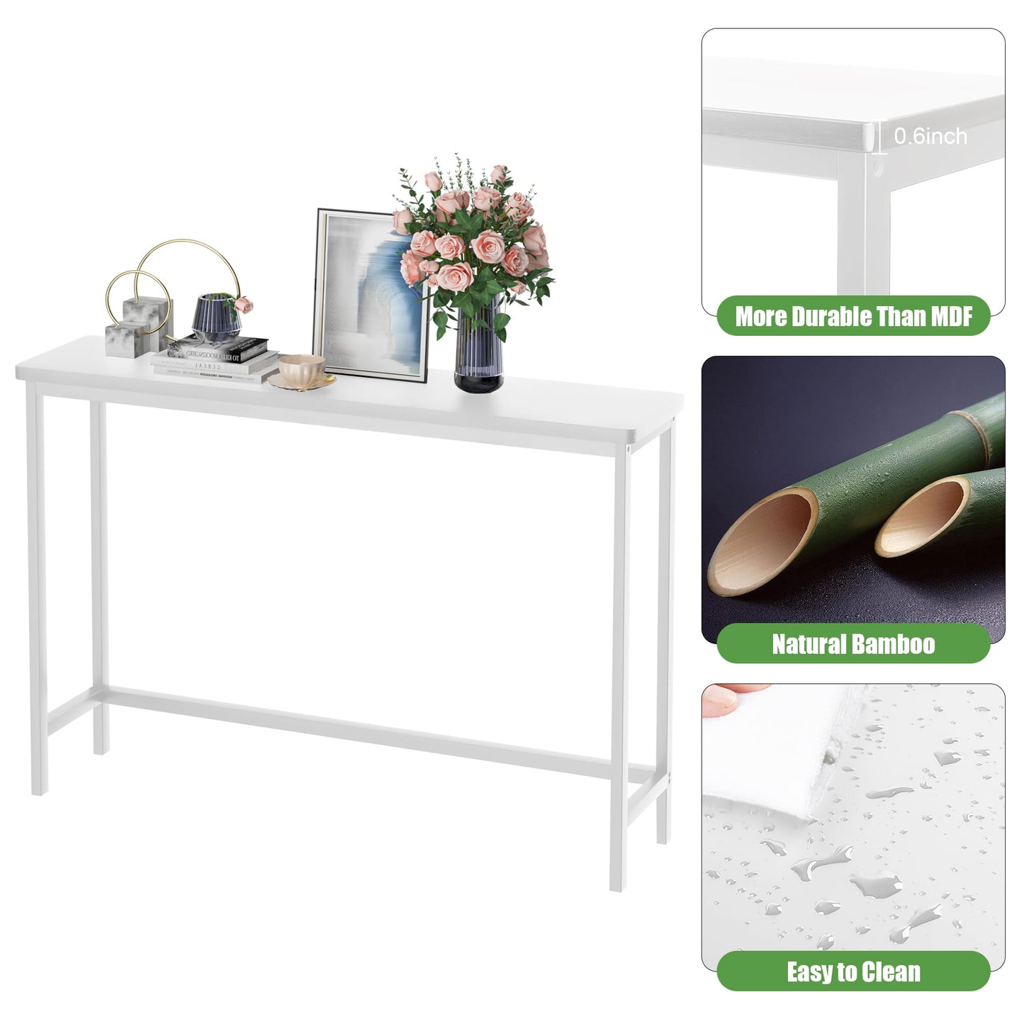 VASMIA Console Table, Slim Entryway Table, Narrow Sofa Table, 100cm Bamboo Hallway Table for Entryway, Living Room, Bedroom, Foyer, White