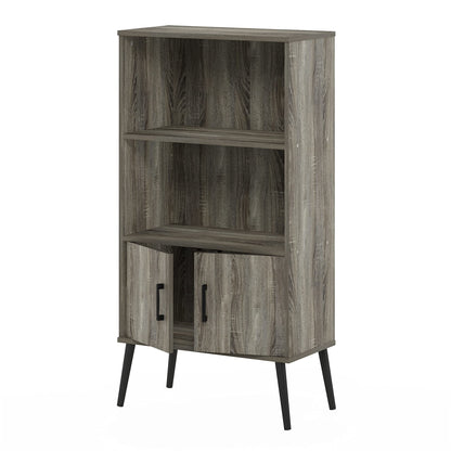 Furinno MIDCENTURY Storage Shelves, Storage Cabinet with Doors and Shelves, Bookshelf with Legs, for Living Room, Home Office, Grey Oak