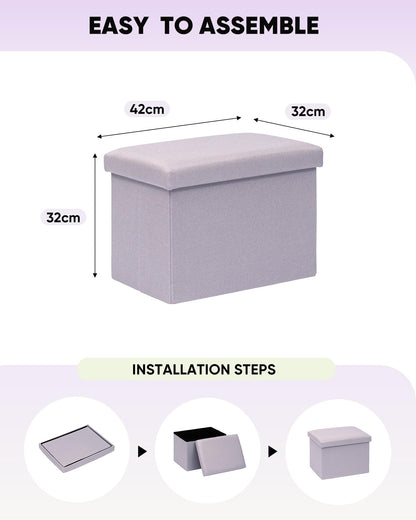 Bonlife Ottoman Storage Box - Foldable Rectangular Footstool for Living Room, Kids Toy Chest with Lid, Multi-Use Seat & Storage, Light purple