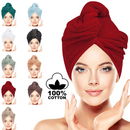 BAVIN LUXURY Hair Towel Wrap 100% Cotton, Instant Drying Lightweight Turban Cap Super Quick Absorbent Anti-Frizz Twist Toweling Dry Hat with Button