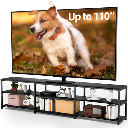 Aquzee 100 Inch TV Stand Cabinet, 249 cm Wide Large TV Unit for 85" - 110" TV, 3-Tier Wood TV Console Table with Open Storage Shelves