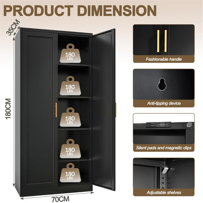 Tall Kitchen Cupboard, 180cm Metal Storage Cabinet, Black, 180*70*35cm