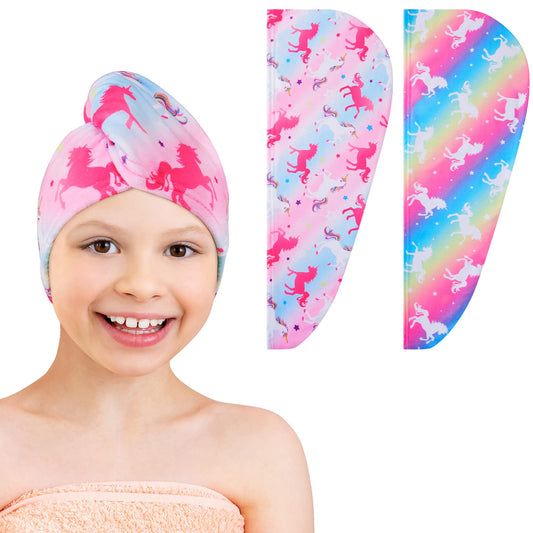 WAWSAM 2 Pack Kids Microfiber Hair Towel Wrap Girls Hair Turban Towels Fast Drying Hair Turbans Anti Frizz Wrap with Elastic Strap
